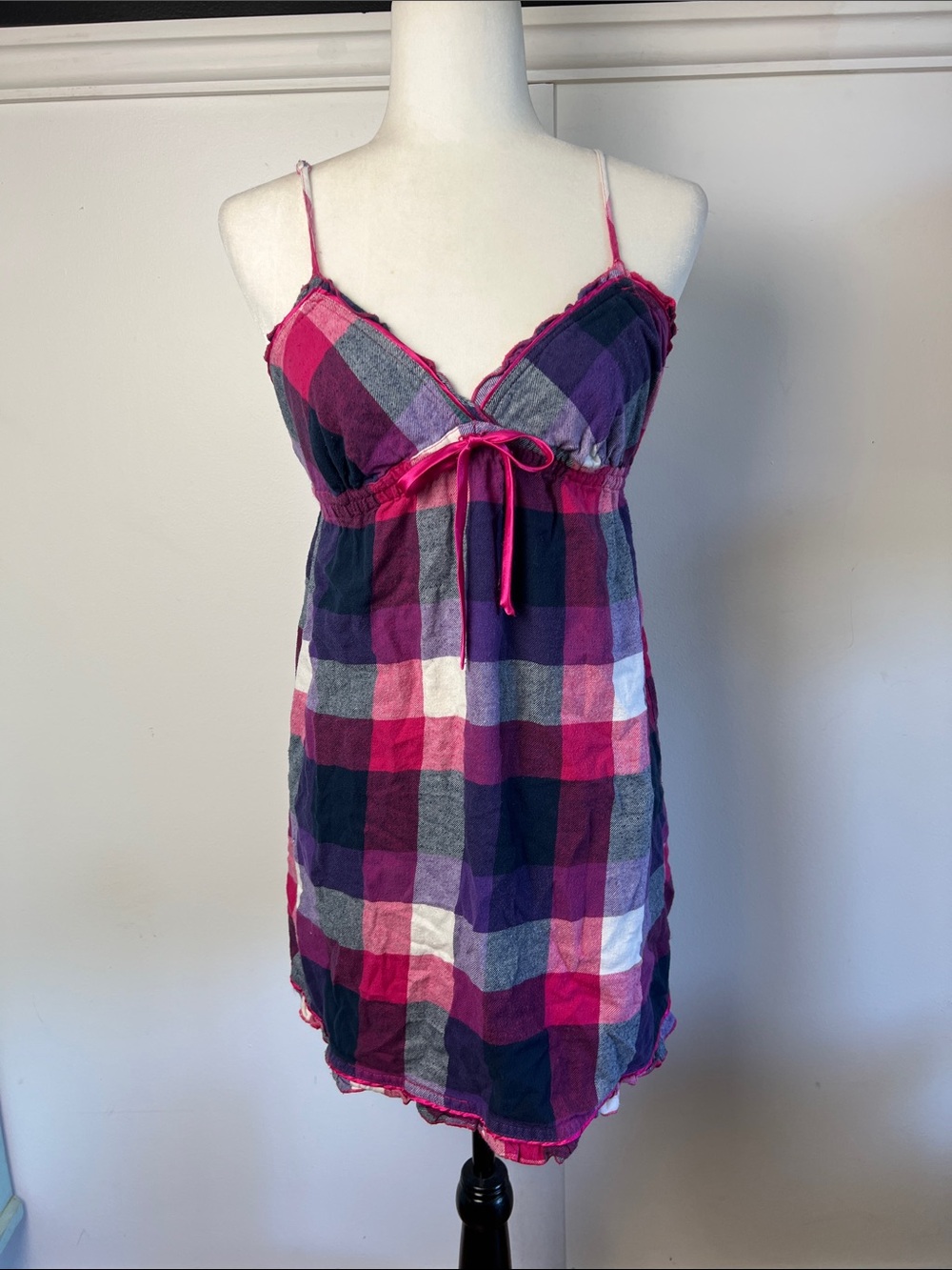Plaid Spaghetti-Strap Sleep Babydoll Chemise in Pink & Purple Flannel
